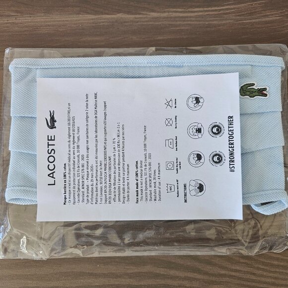 NIP LACOSTE Light Blue Pique Cotton Ear Loop Face Mask Unisex One Size OS - Picture 2 of 5